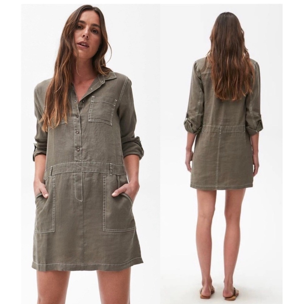 Michael Stars Women Green 100% Linen Button Front Utility Shirt Dress WNT85 S